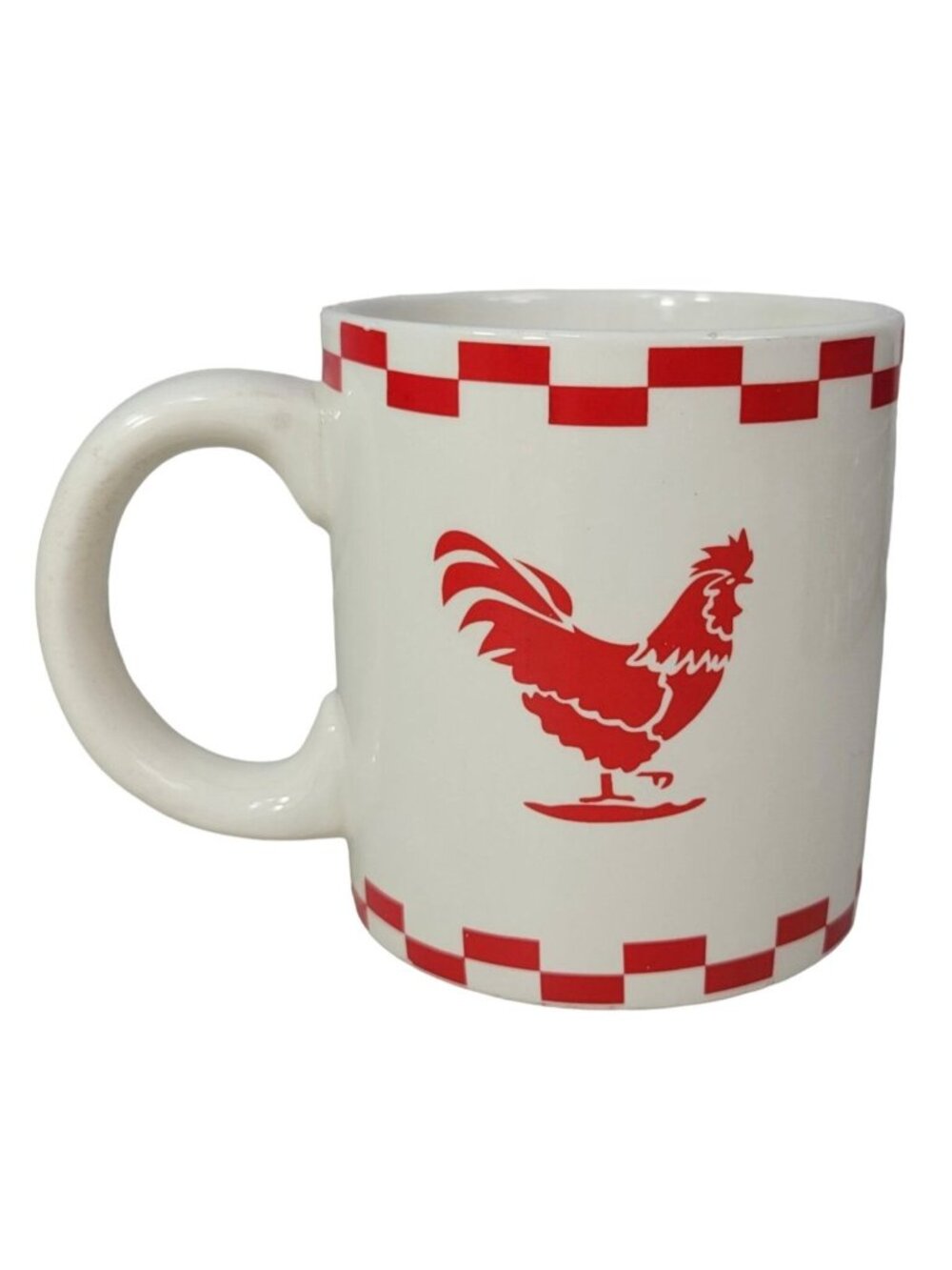 Rooster Mug Off White Red 4.5" Large Oversized Farm Chicken Checkerboard READ